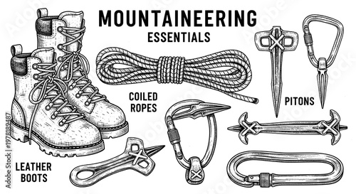 Vintage Engraving of Essential Mountaineering Equipment for Alpine and Rock Climbing