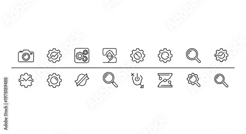Collection of icons depicting various photography and editing workflow steps Vector