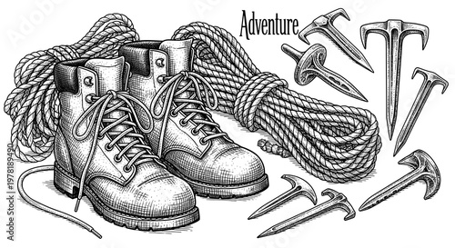 Vintage Engraved Outdoor Adventure Gear Set with Boots, Ropes, and Pegs