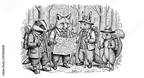 A Group of Dapper Forest Animals on a Detailed Hiking Expedition Studying a Map