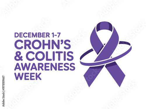 A purple ribbon and text on a white background for Crohn's and Colitis Awareness Week