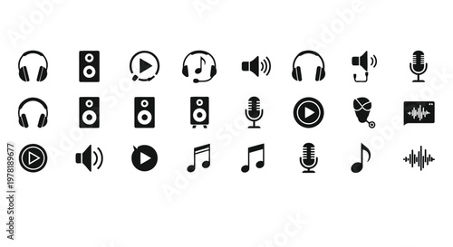 Collection of icons representing audio and multimedia functionalities and devices Vector
