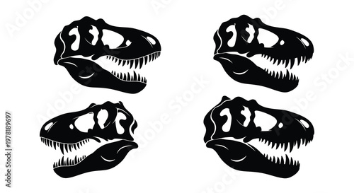 Four black silhouettes of tyrannosaurus rex skulls are displayed