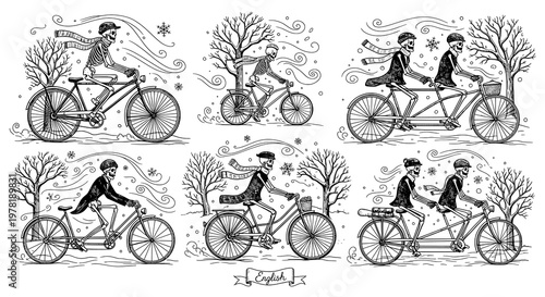 Whimsical Skeleton Cyclists Braving a Blustery Winter Landscape Hand-Drawn Illustration Set