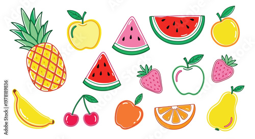 Colorful assortment of hand-drawn fruits and fruit slices in a playful design Vector