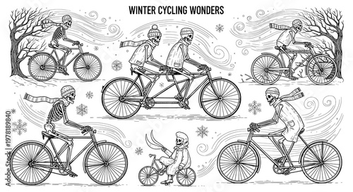 Humorous Black and White Illustration of Skeletons Enjoying Winter Cycling Adventures