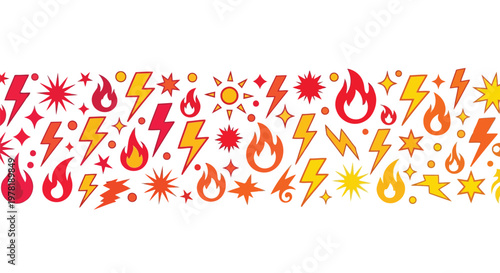 Vibrant collection of fiery and electric icons in a colorful, dynamic pattern Vector