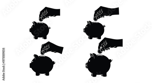 Hands depositing coins into black piggy banks a savings concept