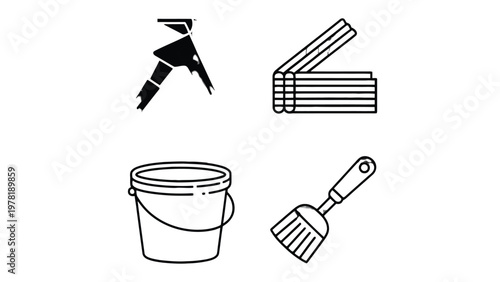Tools of the Trade: A simple depiction of four essential tools used in home improvement projects. These include a caulking gun, wood, a paint bucket, and a paint scraper.