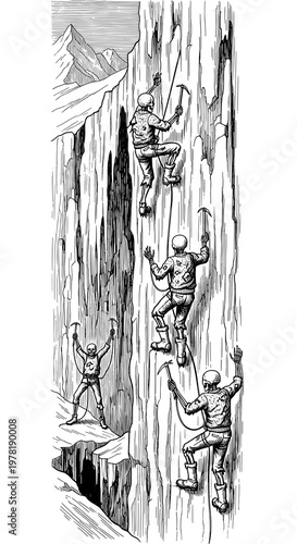 Relentless Skeletons Ascending a Treacherous Icy Mountain Wall with Climbing Gear