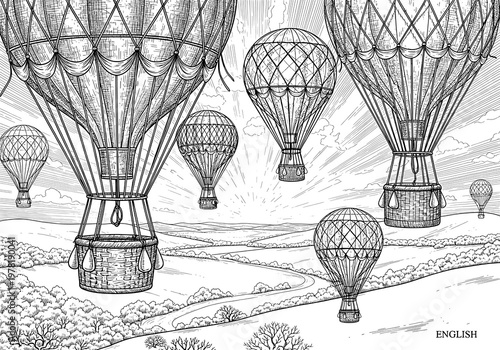 Vintage Hot Air Balloons Soaring Over a Serene Hilly Landscape at Dawn