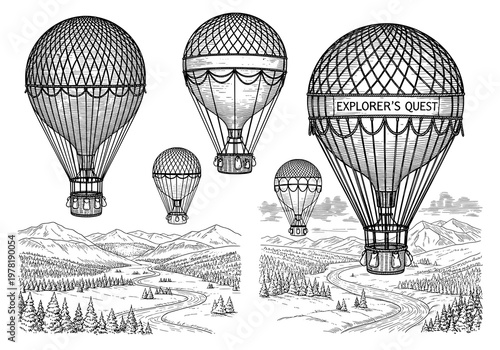 Vintage Engraving of Hot Air Balloons Soaring Over a Mountainous Landscape Adventure