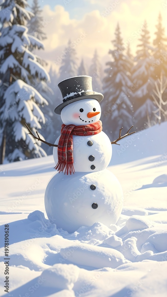 Fototapeta premium A cheerful snowman in a snowy forest with trees and a sunny sky