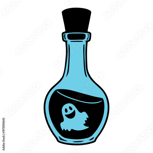 A minimalist vector graphic illustration of a blue glass bottle containing a smiling ghost