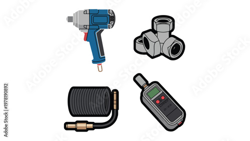 Craftsman's Tools: Four essential tools for various construction and repair tasks, showcasing functionality and design.