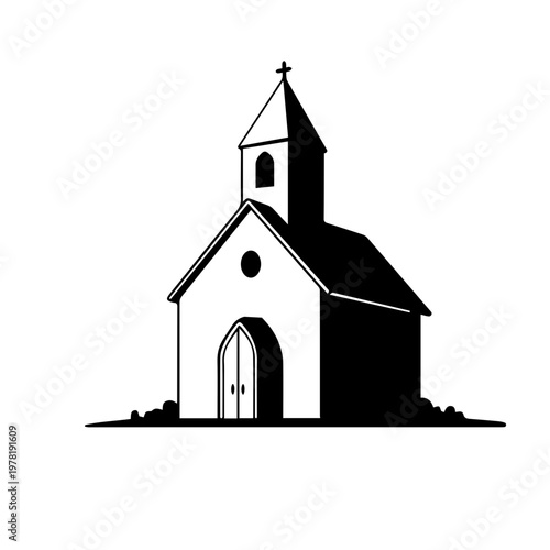 A minimalist black and white vector illustration of a small church with a steeple