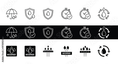 Collection of icons depicting waterproofing and time-related concepts with variations Vector
