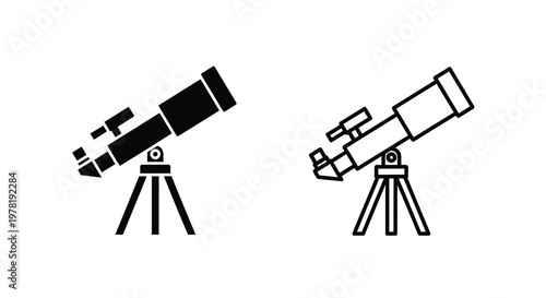 Two telescope icons one filled and one outlined showcasing astronomical observation silhouette