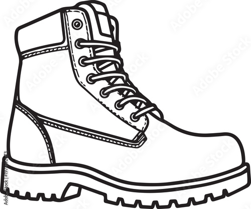A monochrome work boot, the embodiment of robustness and practicality, isolated against a simple backdrop, ready for any challenge.