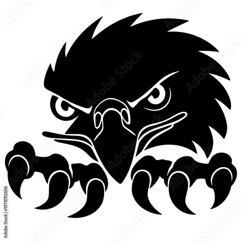 A bold and fierce eagle head vector graphic with sharp claws and intense gaze