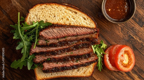 Premium brisket sandwich with perfectly smoked sliced beef on artisan sourdough bread with fresh arugula and tomato on rustic wood background barbecue sauce