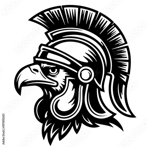 A black and white vector graphic illustration of a bird wearing a Roman helmet