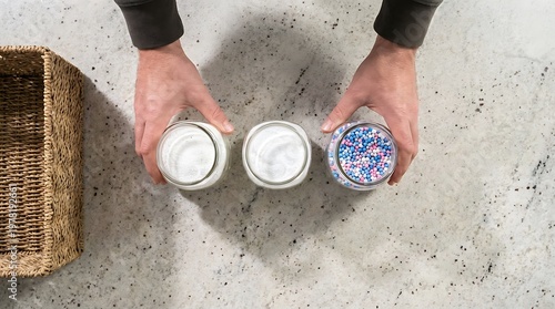 Hands holding three jars of homemade bath bombs with different colors and textures.