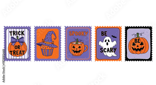 Halloween-themed postage stamps featuring traditional symbols and festive messages Vector