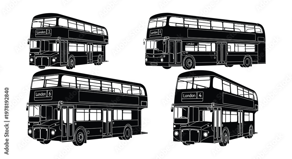 Εκτύπωση καμβά Four black and white illustrations of classic london double decker buses