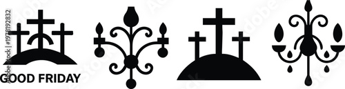 Religious symbols for Good Friday including crosses and chandeliers on transparent background.