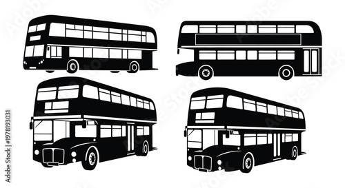 Four black and white illustrations of classic london double decker buses