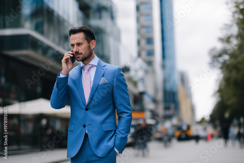 Businessman walking on a city street, dressed in a formal suit and looking confident and focused.