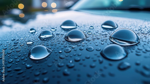 Water beading waxed surface on blue car hood with perfect spherical droplets showing hydrophobic repulsion and surface tension in macro photography