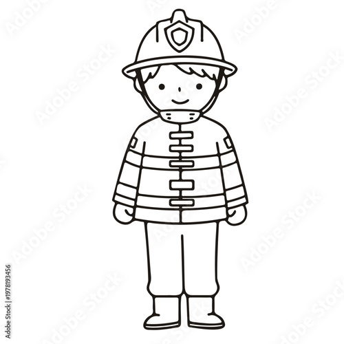 A smiling cartoon firefighter boy wearing a helmet and uniform