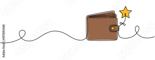Leather wallet displaying reward star on continuous line background. no editable strokes