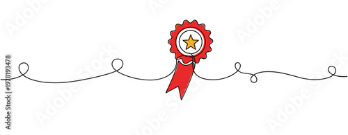 Award rosette with star ribbon hanging on white line background. no editable strokes