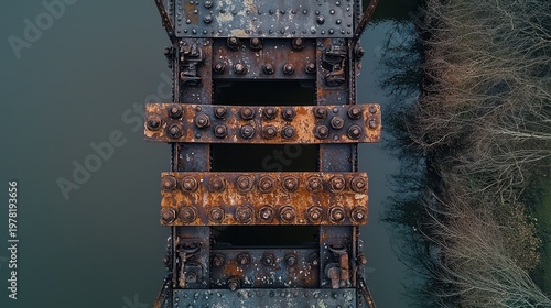 Historic American steel truss bridge bolt connections showing weathered iron rivets and rusted metal joints from aerial drone perspective above river