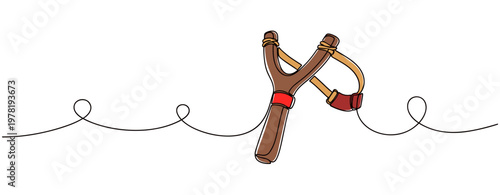 Wooden slingshot suspended on continuous line background. no editable strokes