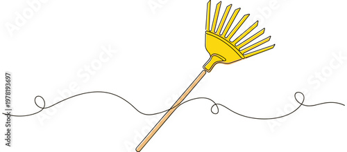 Yellow garden rake leaning on continuous line background. no editable strokes