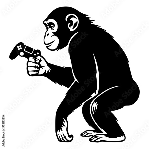 A black and white vector illustration of a monkey holding a gun in a crouched position