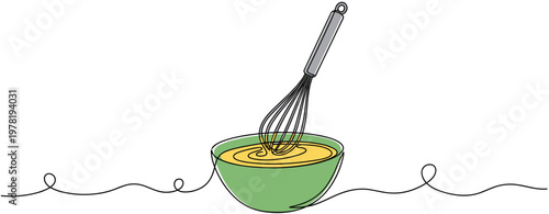 Whisk stirring batter in green bowl on line background. no editable strokes
