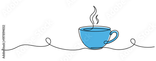 Blue teacup steaming on continuous line illustration. no editable strokes
