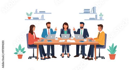 Five diverse professionals are engaged in a collaborative meeting around a conference table with laptops and coffee in a modern office environment.