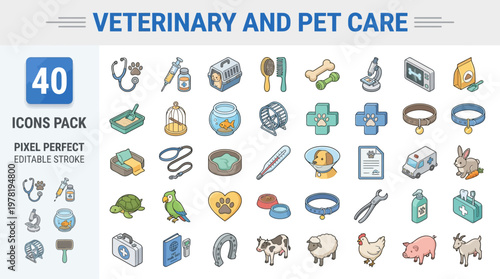 Veterinary clinic pet care animal hospital filled outline icons