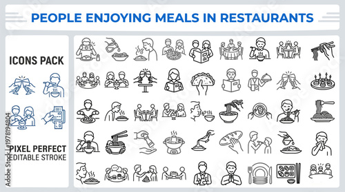 Restaurant customers dining eating food together line icons