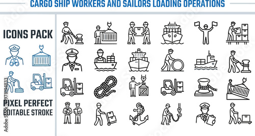 Maritime port logistics cargo shipping worker line icons