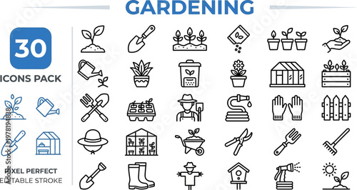 Horticulture backyard gardening planting tools line vector icons