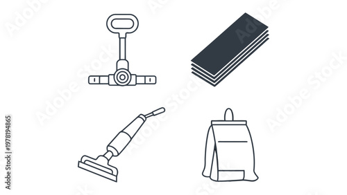 Essential Household Cleaning Tools: A collection of meticulously outlined graphic elements depicting common household cleaning tools.