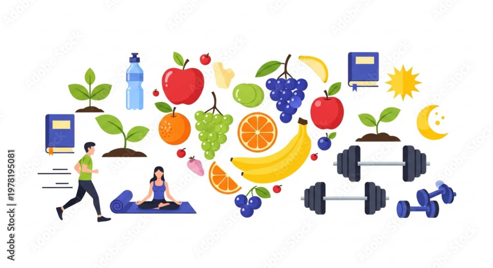 Fototapeta premium Healthy lifestyle concept with fruits vegetables yoga running and fitness icons vector illustration for wellness and nutrition