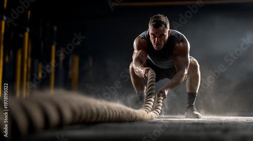 Hyrox sports athlete pulling heavy sled with rope in indoor fitness race arena.